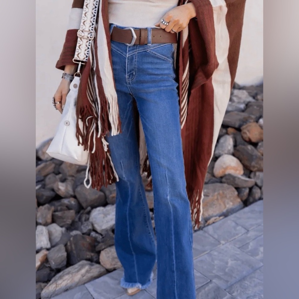 KANCAN Jordan High Rise Raw Hem Flare Jeans -  Acid Wash